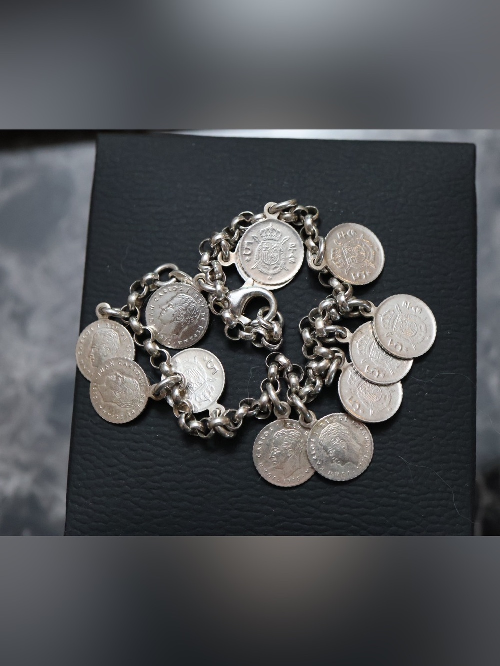Vintage Silver-Tone Coin Charm Bracelet - featuring Spanish Pesetas coins 925SS